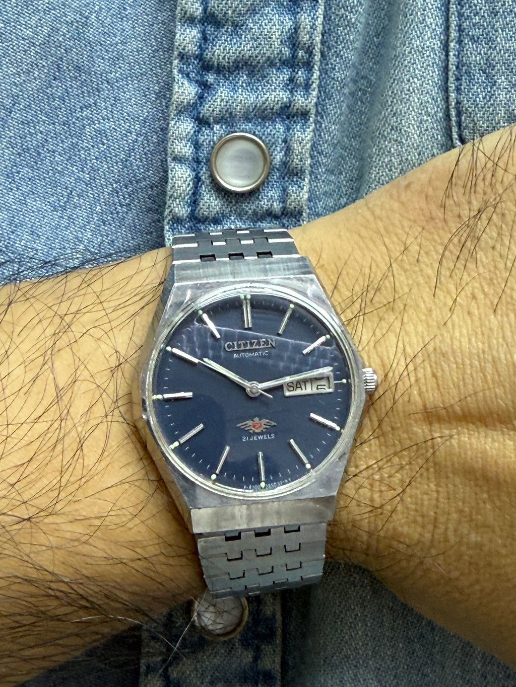 Citizen Eagle 7 星辰飛鷹 1970年代 八角形錶殼 藍面紅心 原廠 8200A 自動機芯 坦克帶 日本中古機械錶⁠