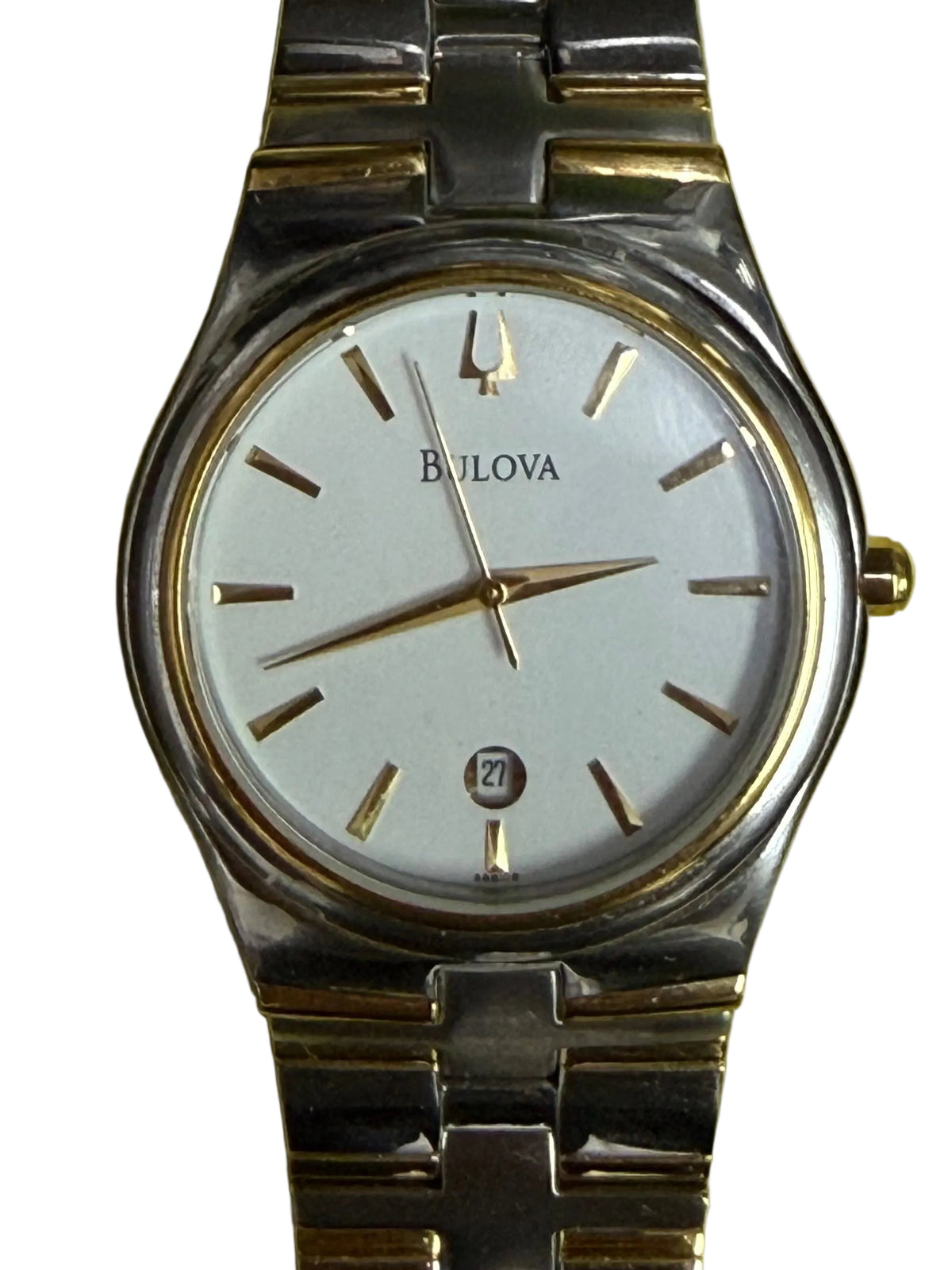 Bulova 寶路華 手錶 日本原廠機芯 白面金釘 雙色一體鋼帶 卡地亞風格黑寶石把頭 超薄男士正裝錶 38mm 中古腕錶⁠