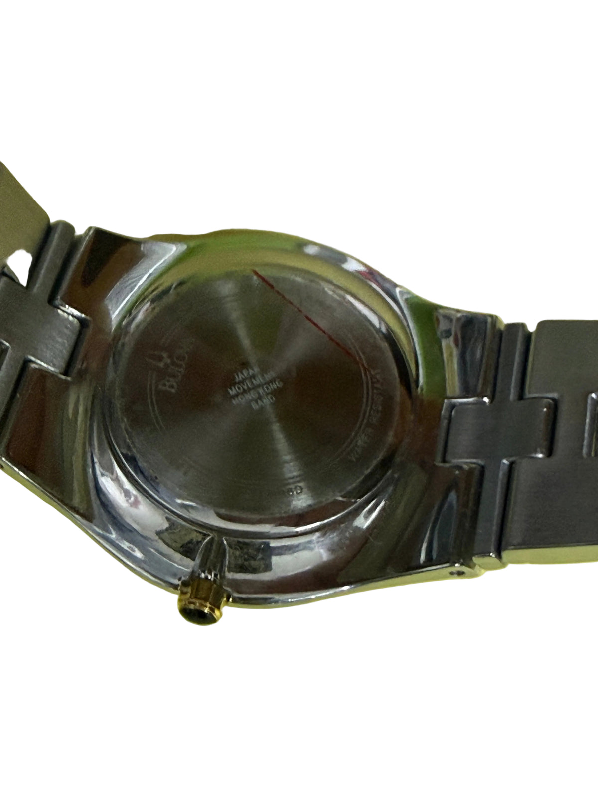 Bulova 寶路華 手錶 日本原廠機芯 白面金釘 雙色一體鋼帶 卡地亞風格黑寶石把頭 超薄男士正裝錶 38mm 中古腕錶⁠