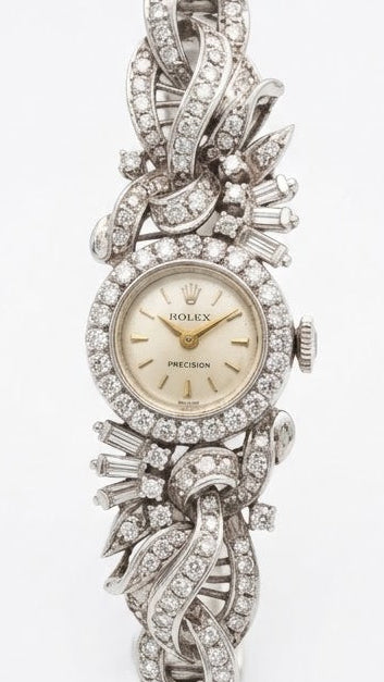 ⁠【周大福手工訂製全鑽手鐲】1960s 勞力士 Rolex Precision 18K白金晚裝腕錶 24粒天然美鑽圈 CTF梯方鑽藤蔓手鐲 (總重21.93g / 總長16cm) 瑞士原廠手動名芯⁠
