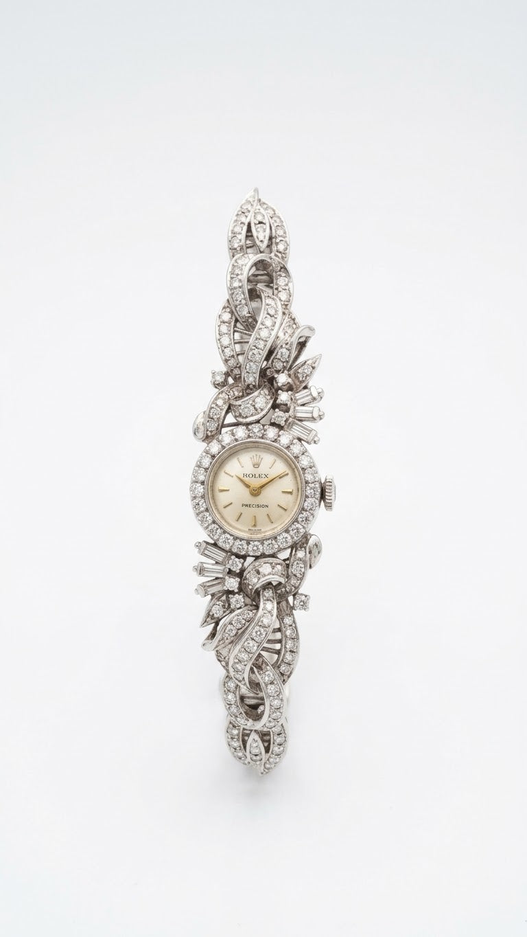 ⁠【周大福手工訂製全鑽手鐲】1960s 勞力士 Rolex Precision 18K白金晚裝腕錶 24粒天然美鑽圈 CTF梯方鑽藤蔓手鐲 (總重21.93g / 總長16cm) 瑞士原廠手動名芯⁠