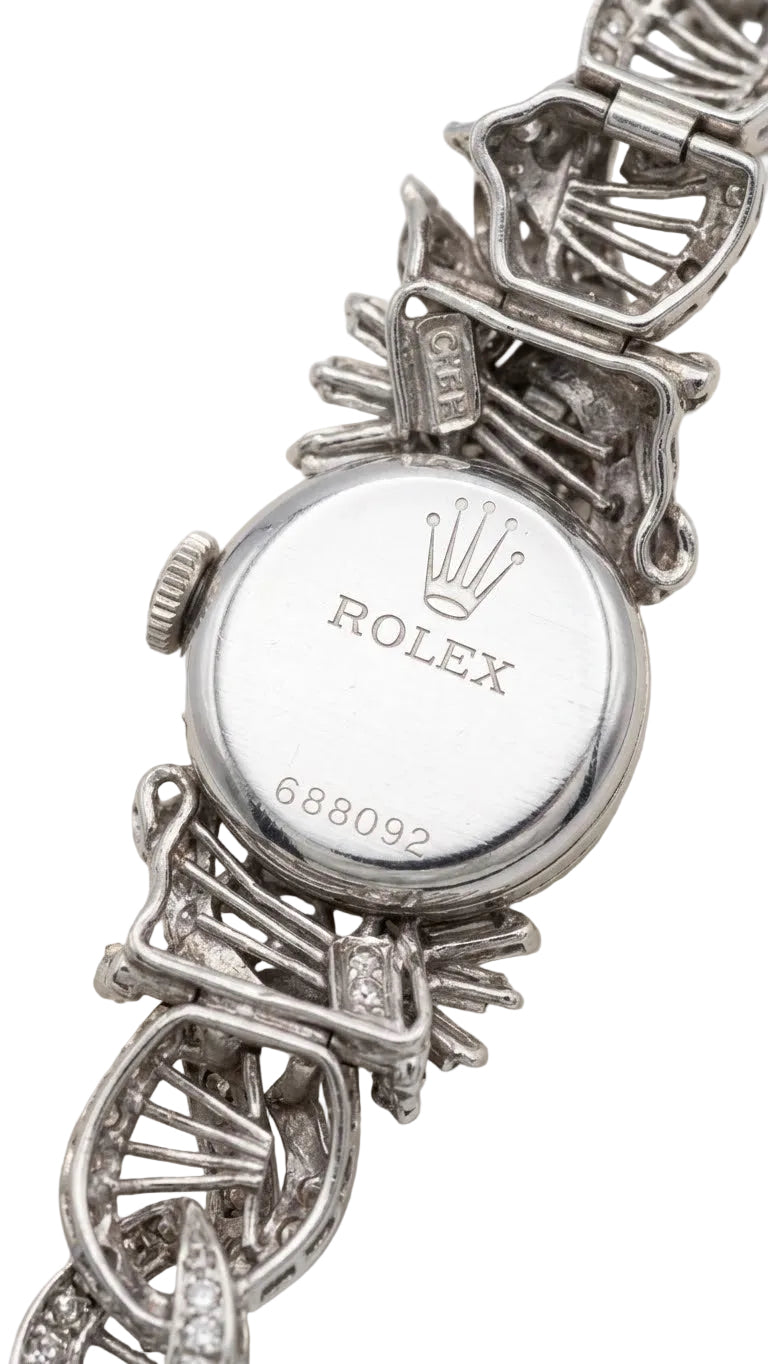 ⁠【周大福手工訂製全鑽手鐲】1960s 勞力士 Rolex Precision 18K白金晚裝腕錶 24粒天然美鑽圈 CTF梯方鑽藤蔓手鐲 (總重21.93g / 總長16cm) 瑞士原廠手動名芯⁠