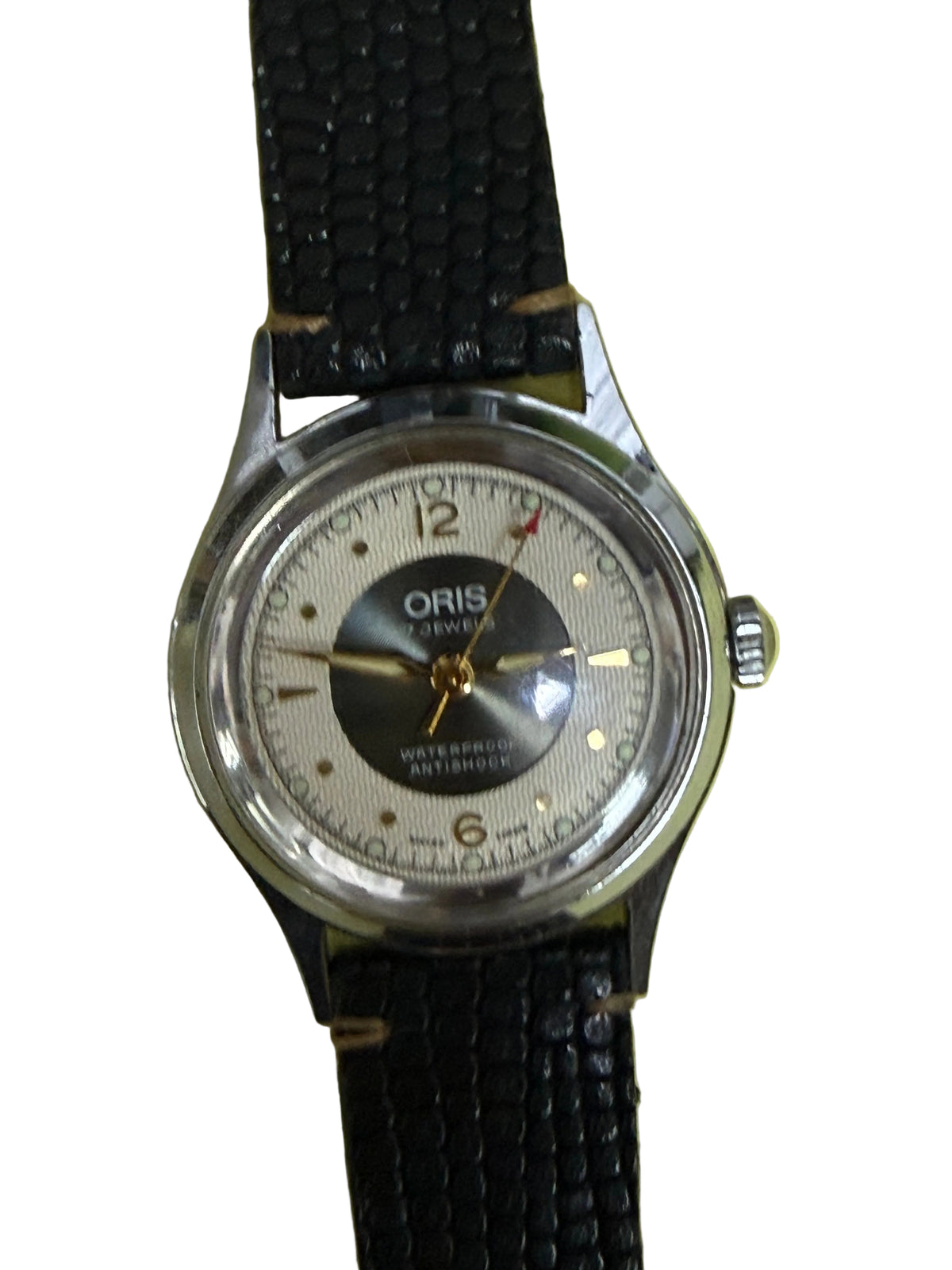 ⁠【雙圈黑膠唱片紋・波浪雕花面】瑞士豪利時 ORIS Ref. 7305 手動上鏈機械腕錶 原廠Cal. 740名芯 箭頭紅秒針 金色柳葉針 29mm⁠