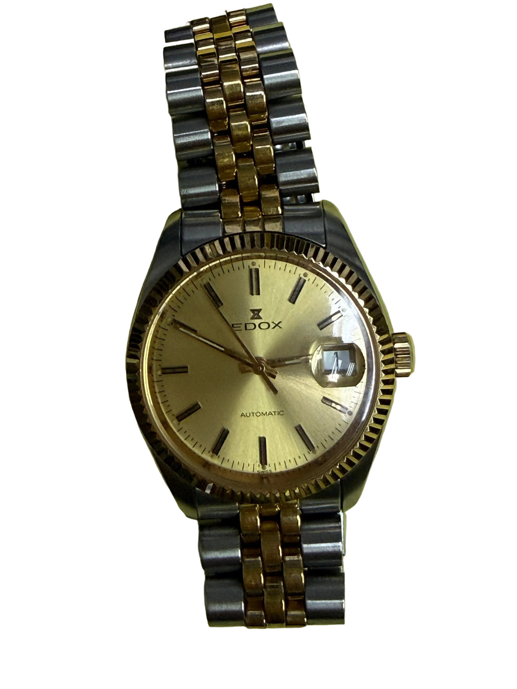 ⁠【經典金銀潤牙圈・瑞士ETA 2824-2名芯】瑞士依度 EDOX Datejust 致敬款 自動機械腕錶 35.5mm 香檳金面 旋入式鎖把 原裝五珠金鋼帶⁠