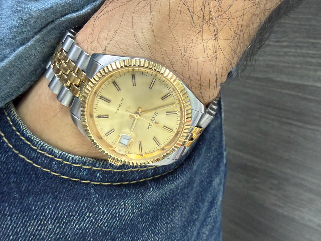 ⁠【經典金銀潤牙圈・瑞士ETA 2824-2名芯】瑞士依度 EDOX Datejust 致敬款 自動機械腕錶 35.5mm 香檳金面 旋入式鎖把 原裝五珠金鋼帶⁠